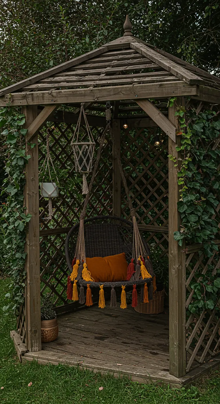 A dark woven hammock chair with colorful tassels hanging inside a rustic wooden gazebo.