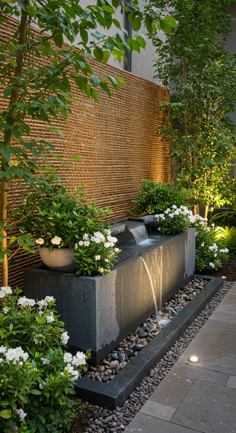 A modern slate water feature with a small waterfall, surrounded by white flowers and trees