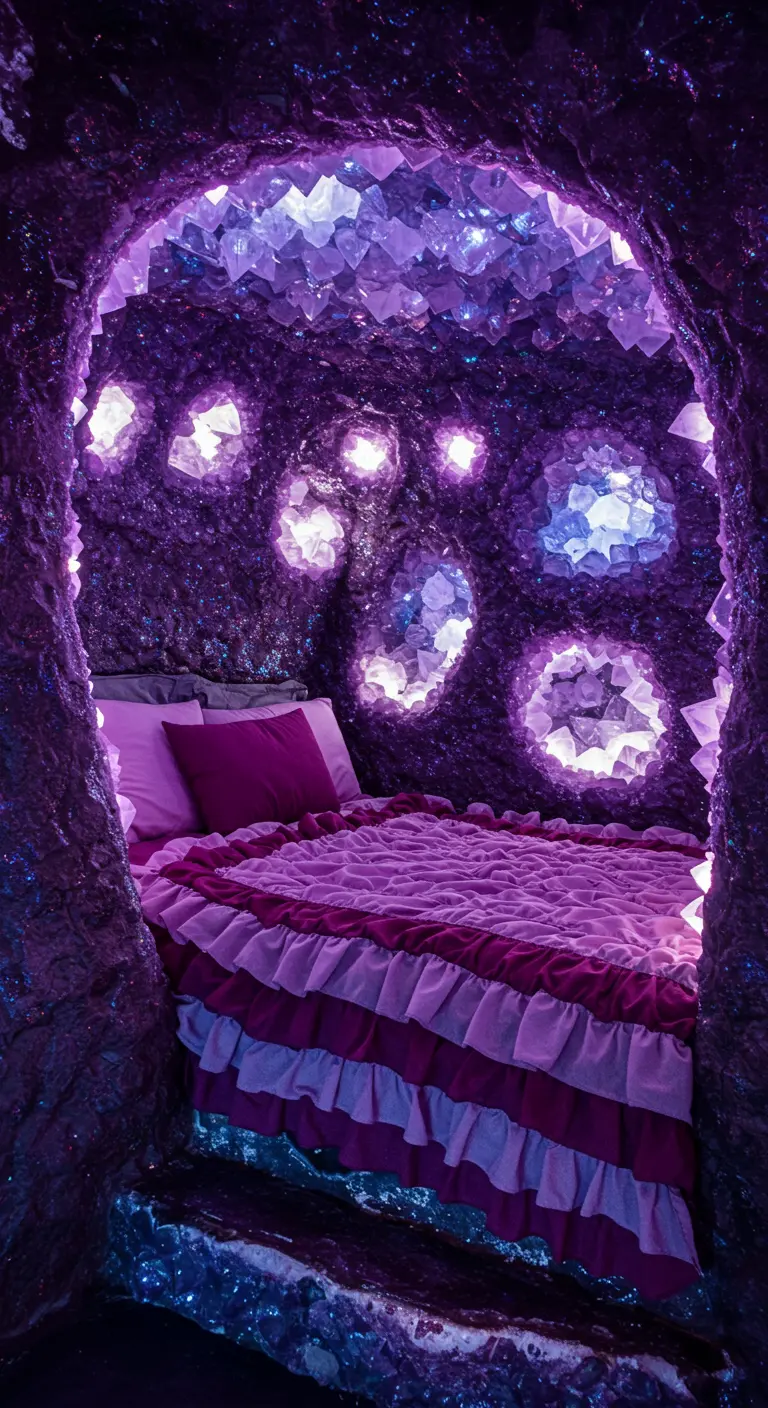Bedroom designed to look like the inside of a glittering amethyst geode.