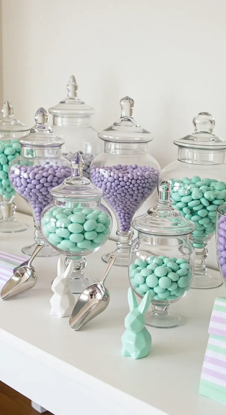 Modern candy bar with geometric bunnies and mint and lavender candies.
