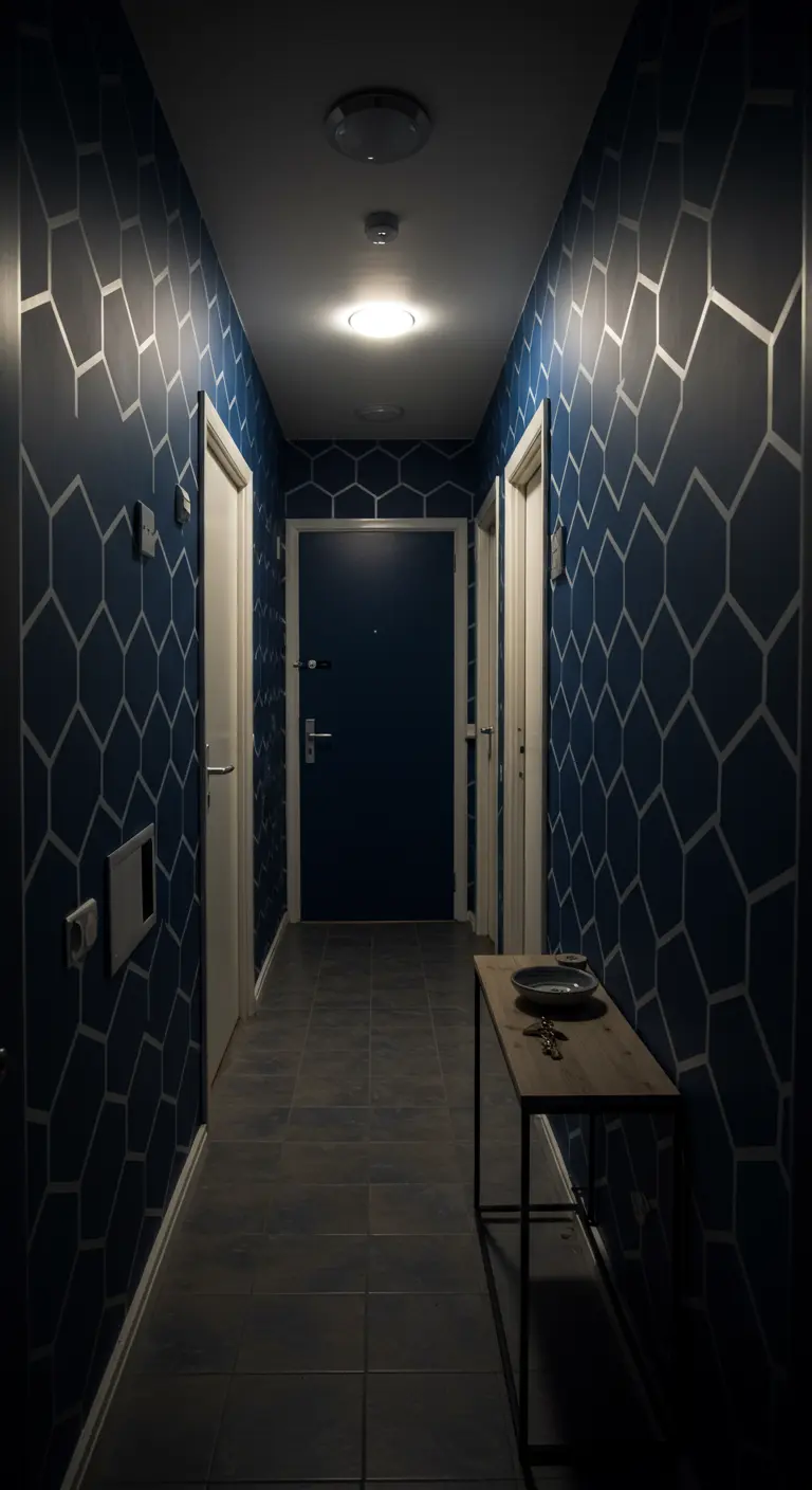 A dark blue hallway with a silver geometric honeycomb pattern created with washi tape.