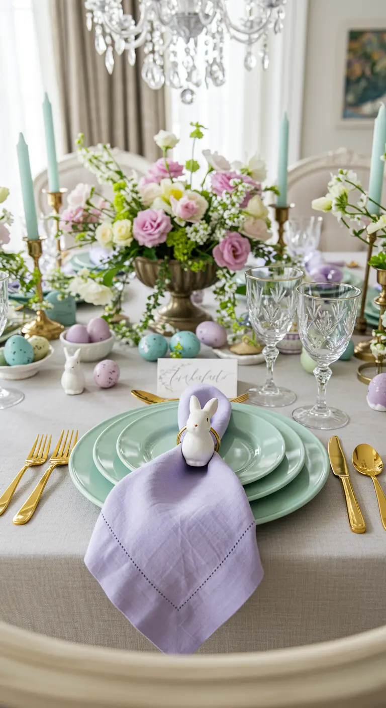 A lavender napkin pulled through a white ceramic bunny napkin ring.