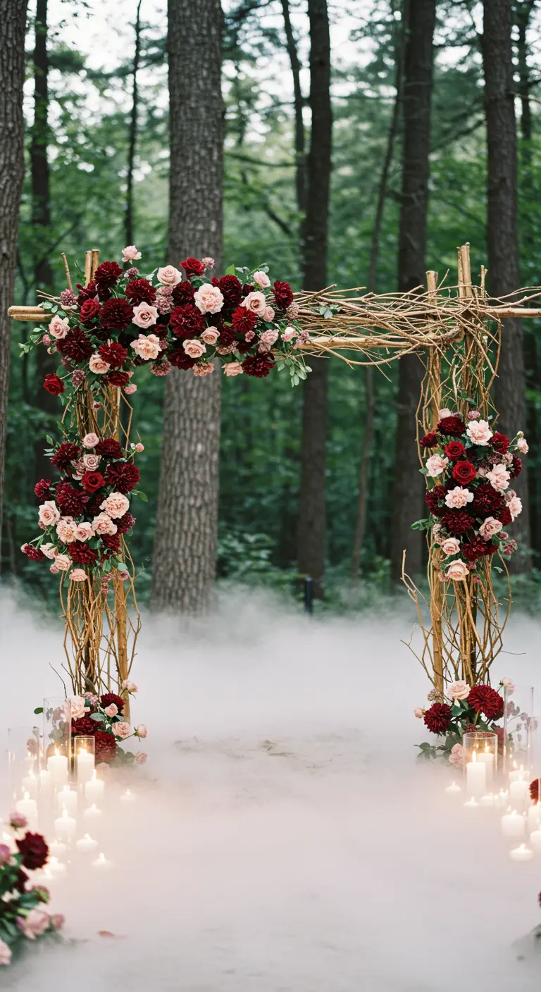 A wedding arch made of golden branches in a forest, surrounded by fog and candles.