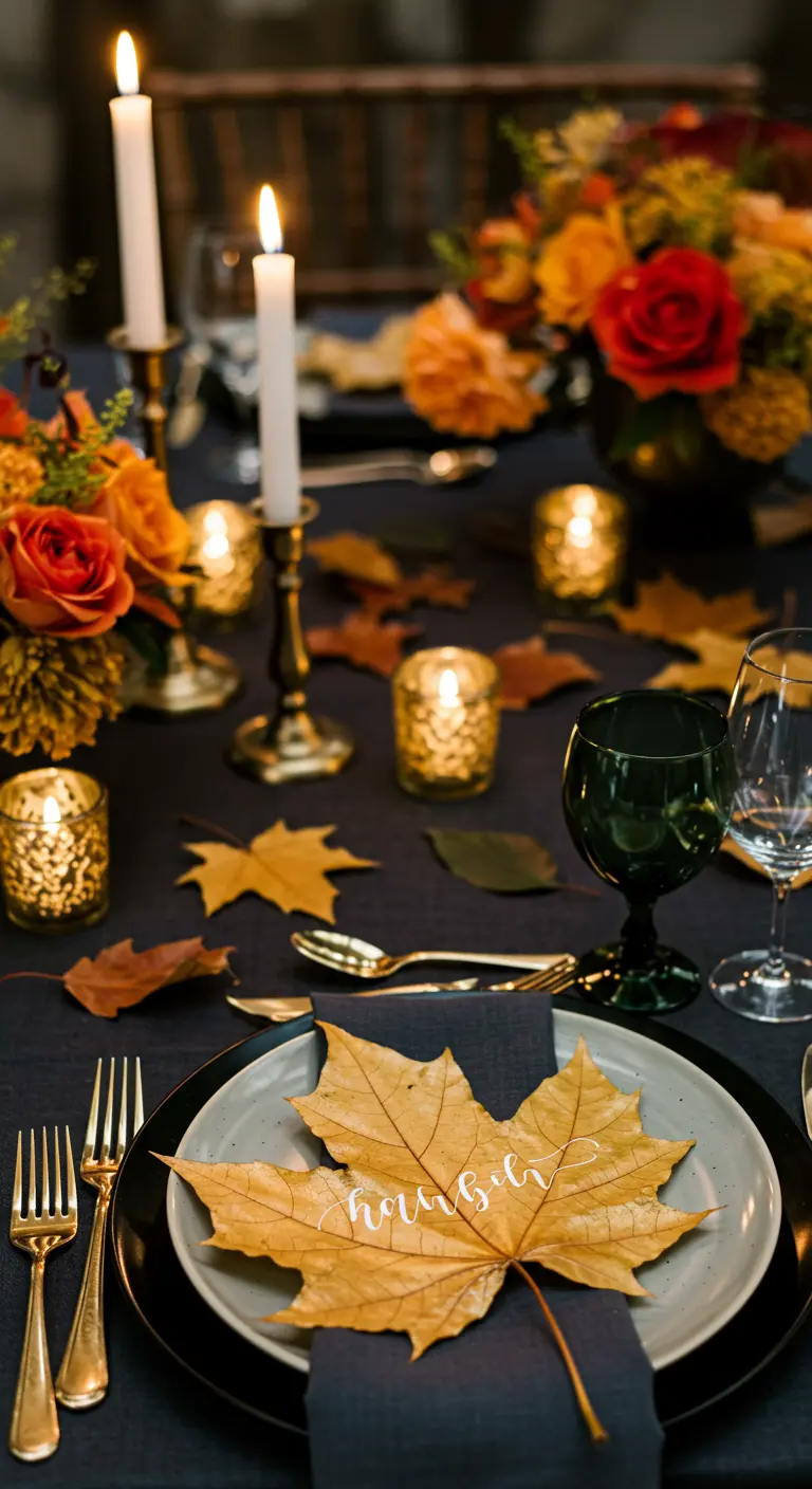 A golden maple leaf with a name written on it, used as a place card.