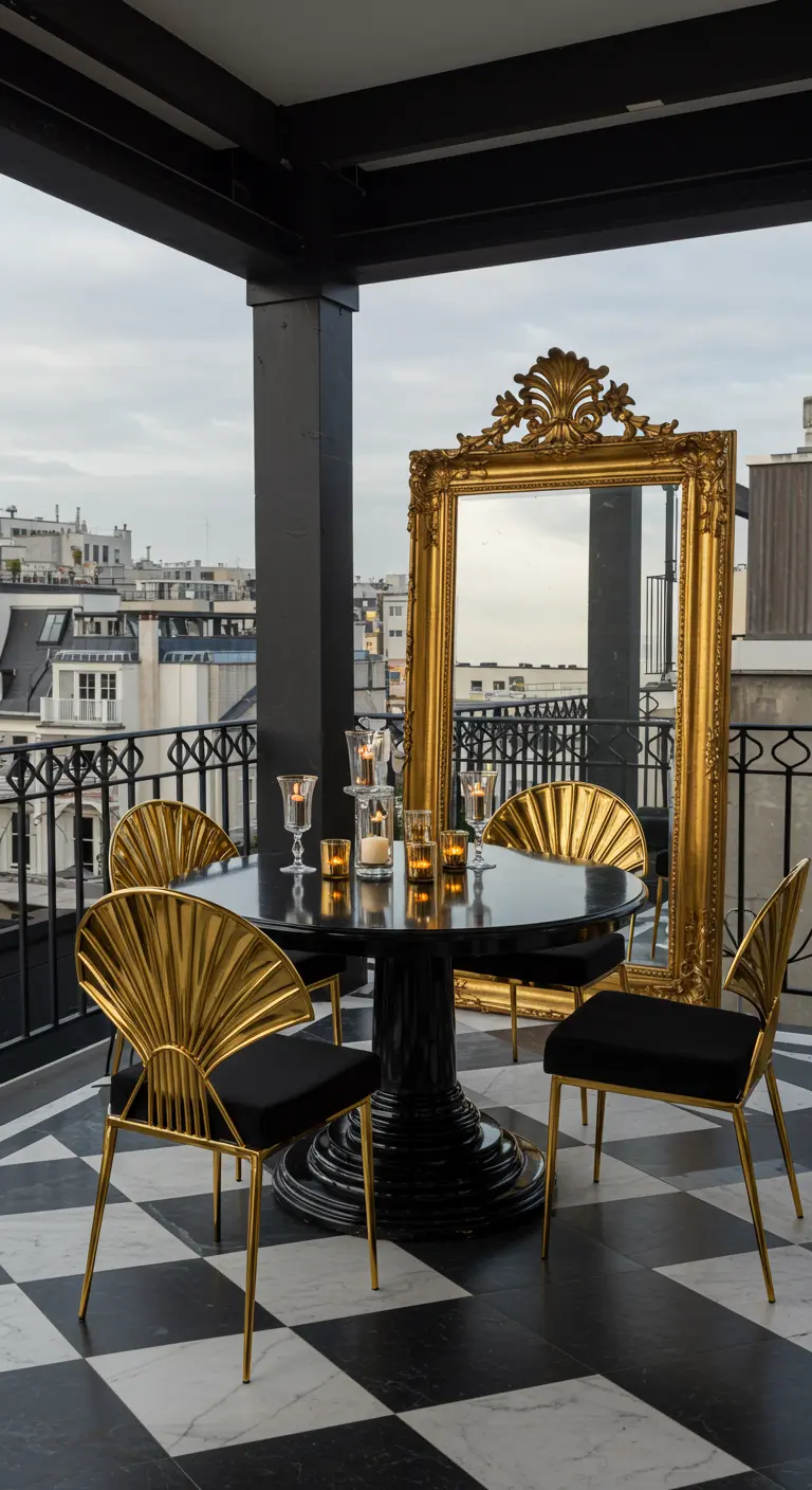 A Parisian-style balcony with a checkerboard floor, a large ornate gold mirror, and a black dining set.