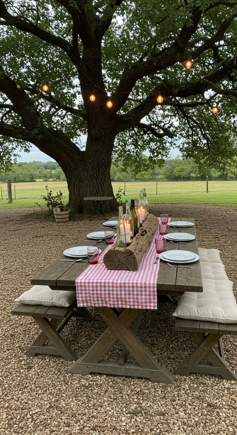Driftwood log centerpiece with wine bottle candles on a picnic table with a gingham runner.