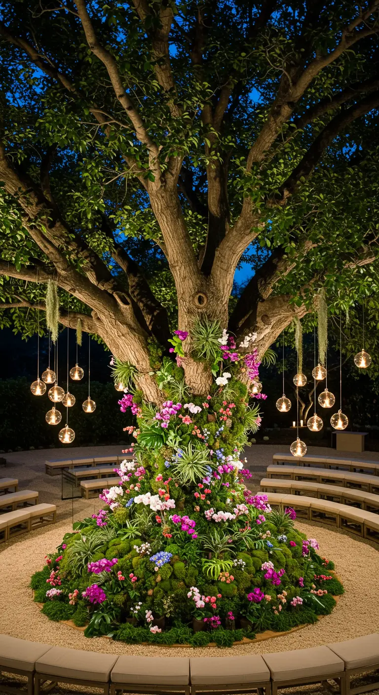 A large tree trunk decorated with moss, vibrant flowers, and hanging glass orb lights.