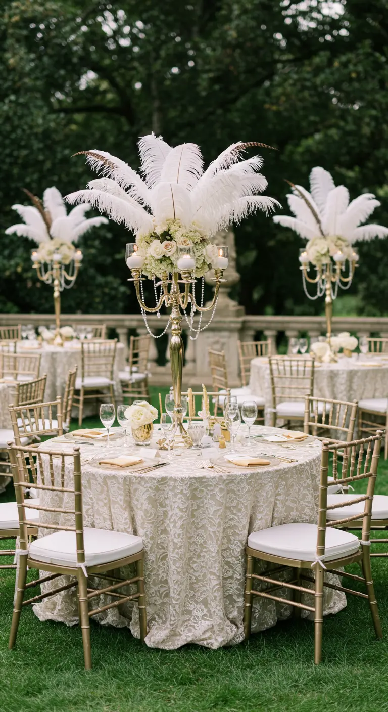 An elegant outdoor wedding reception with tables covered in lace and dramatic feather centerpieces.