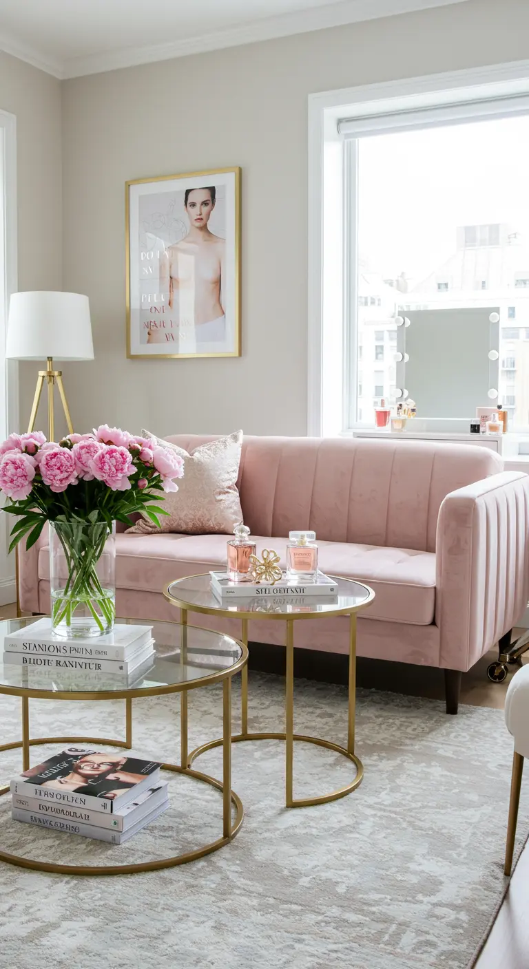 A glamorous living room with a pink velvet sofa and gold-and-glass nesting coffee tables.