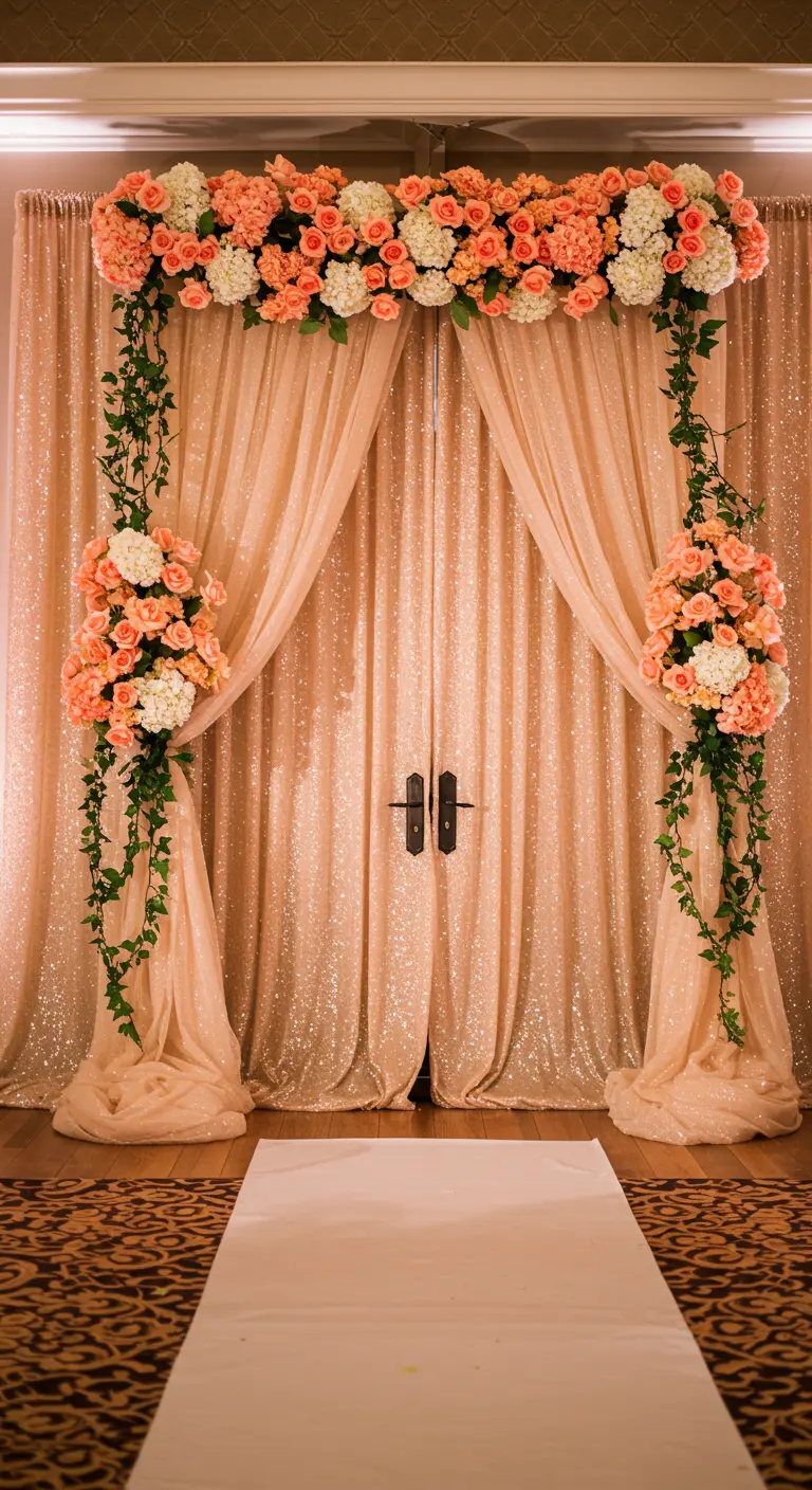 A wedding ceremony entrance framed by a lush floral arch over rose-gold sequin curtains.