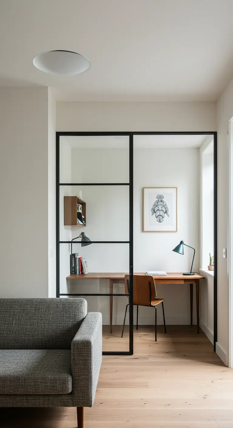 A home office with a wooden desk, separated from the living room by a black-framed glass wall.