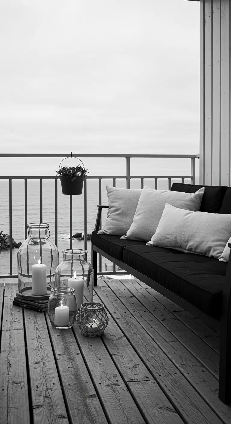 A seaside balcony with a black sofa, linen pillows, and large glass jars used as candle holders.
