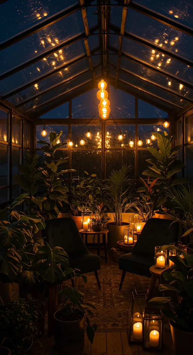 A greenhouse at night, filled with plants and illuminated by string lights and candles.