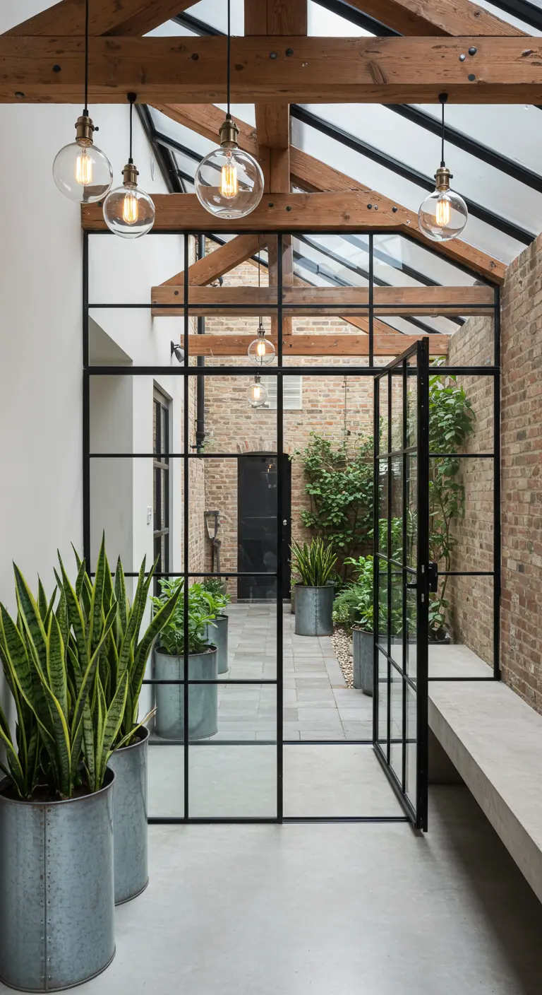 View from an entryway into a courtyard through black steel and glass doors.