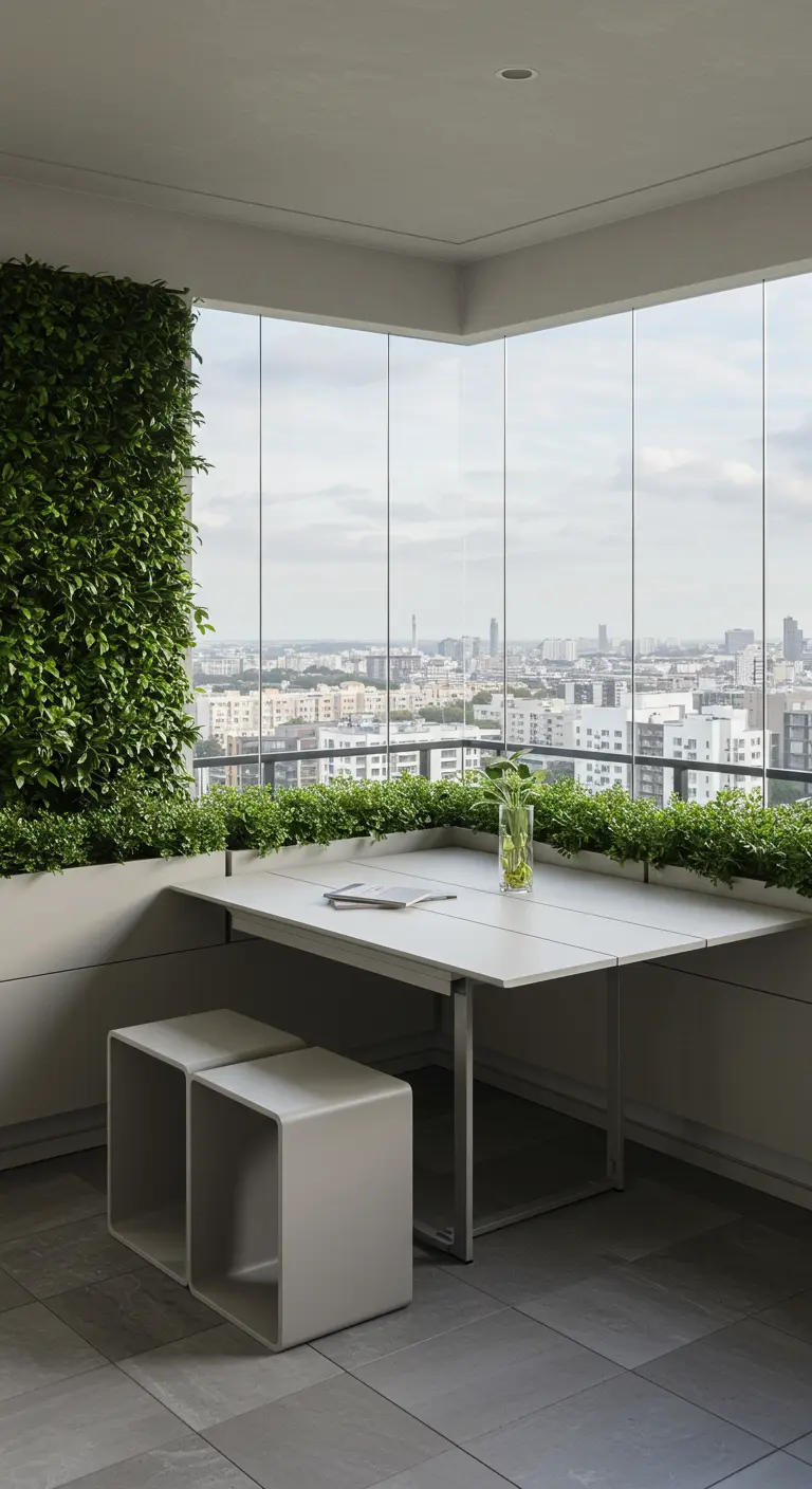 An enclosed glass balcony with a dense green living wall and modern minimalist seating.
