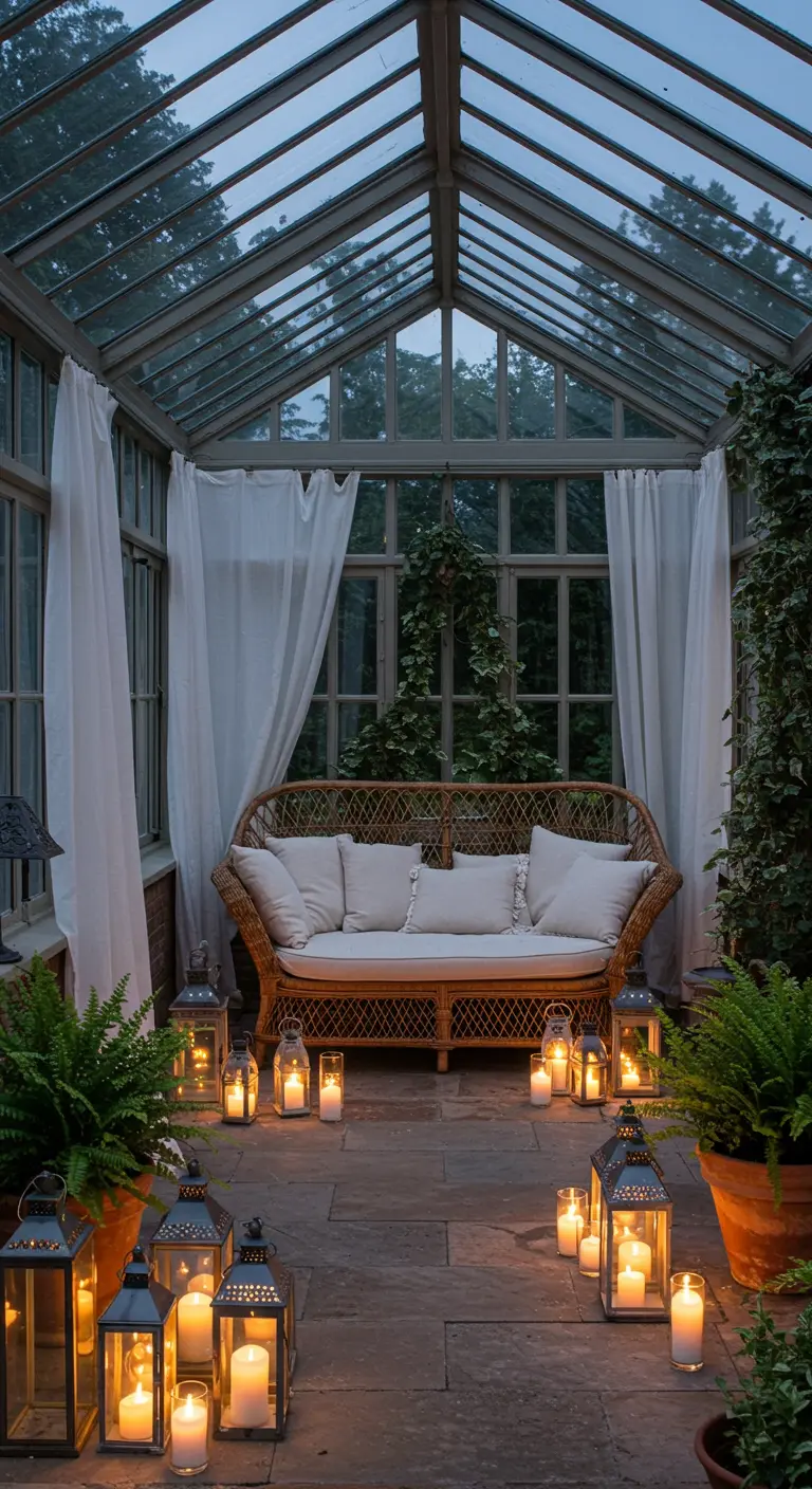 A glass conservatory filled with lanterns of various sizes and a wicker sofa.