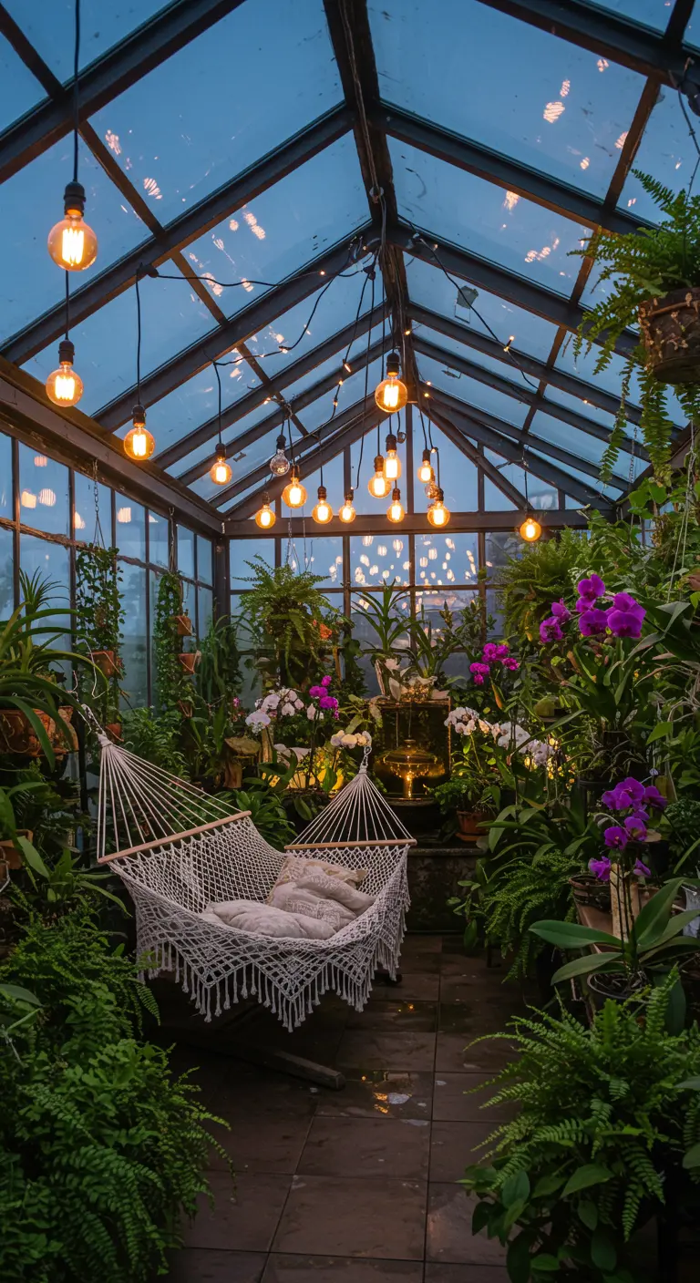 A white macrame hammock inside a greenhouse filled with orchids and lush plants, lit by Edison bulbs.