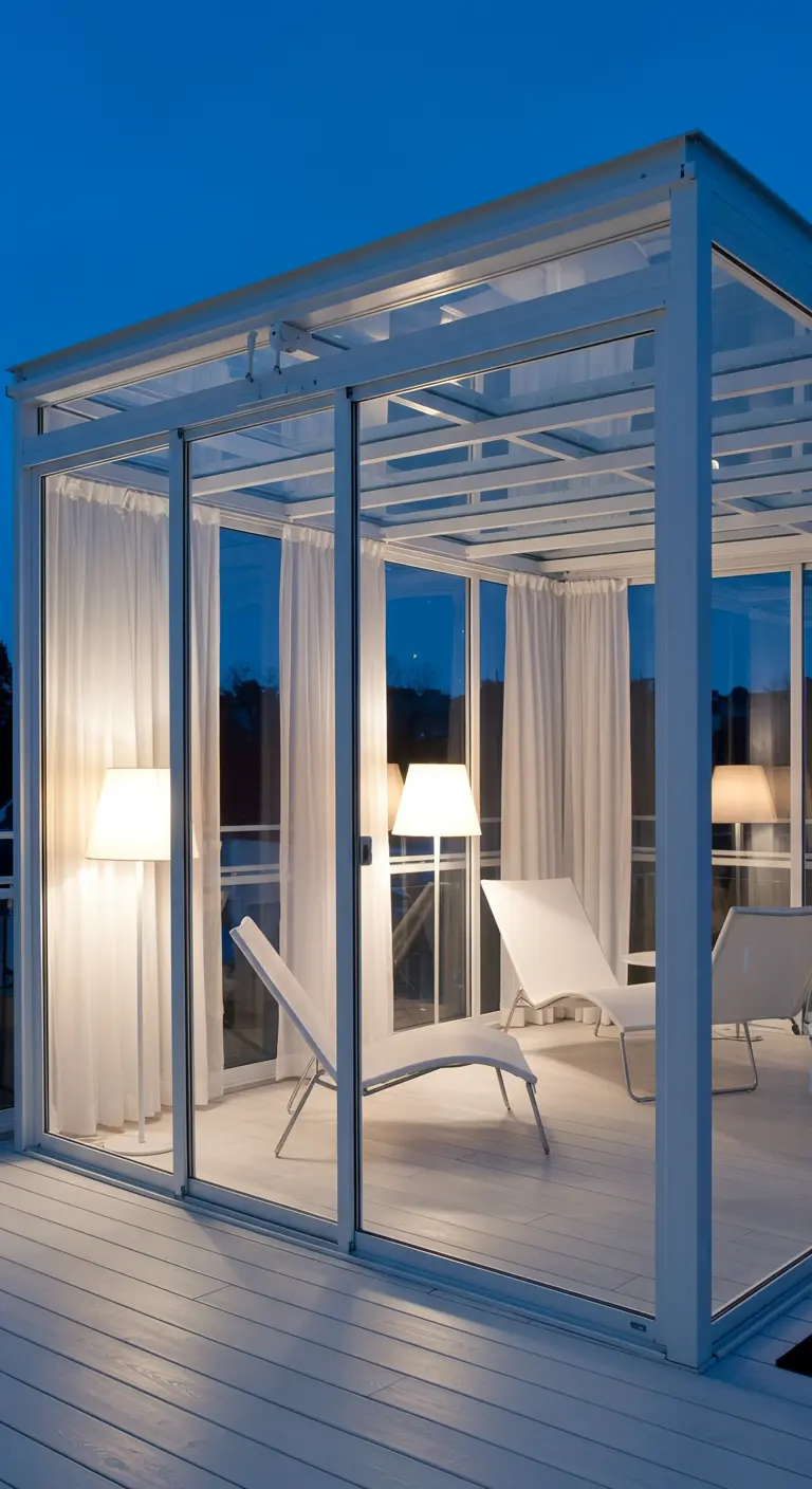A glass-enclosed terrace with white lounge chairs, floor lamps, and sheer curtains.