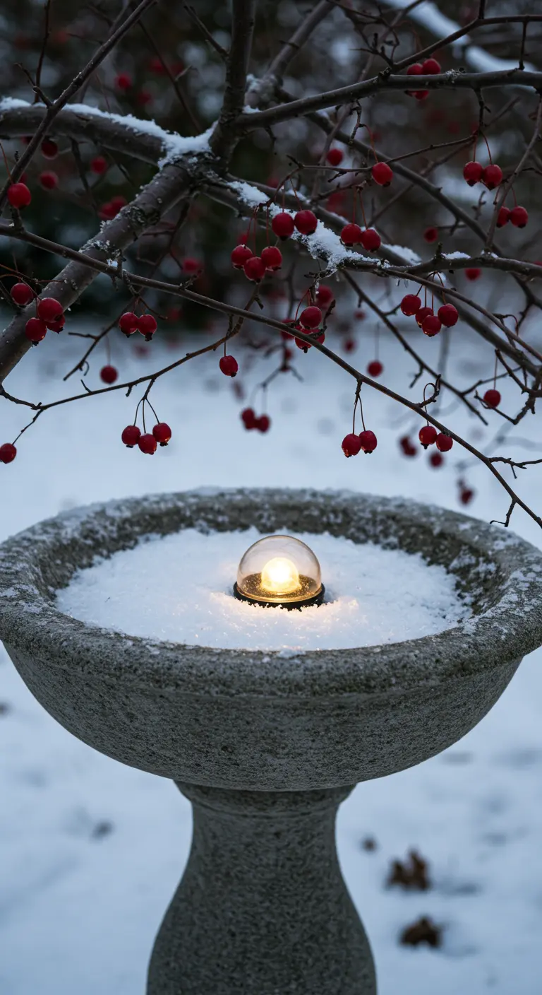 A stone birdbath filled with snow, with a single small light glowing in the center.