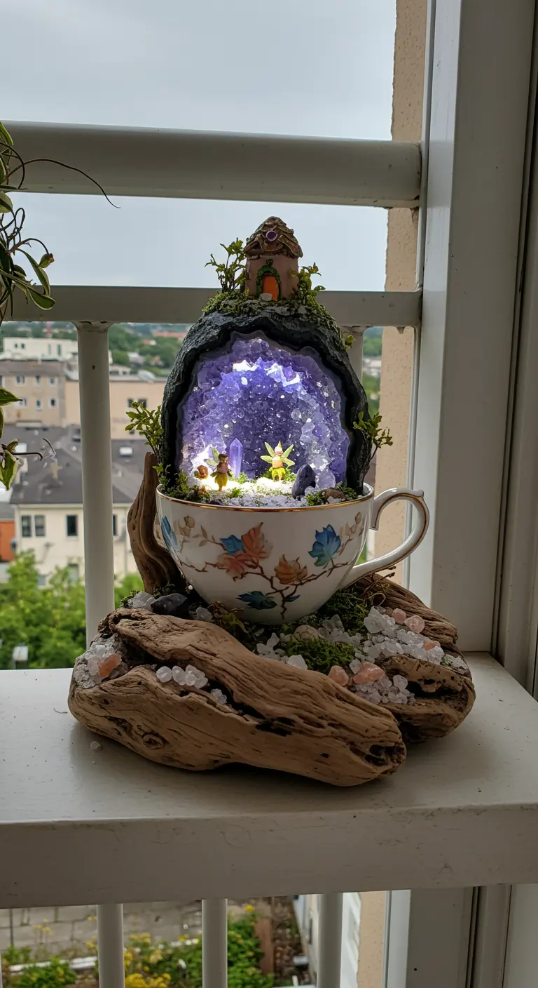 A teacup fairy garden built around a glowing purple amethyst geode on a driftwood base.