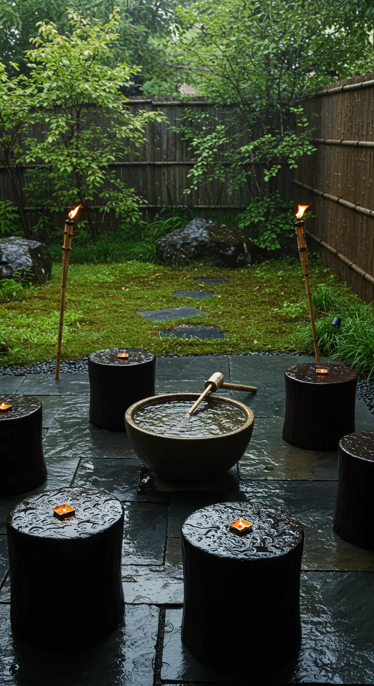 Dark, wet log seats with candles on a slate patio around a ceramic water bowl in the rain.