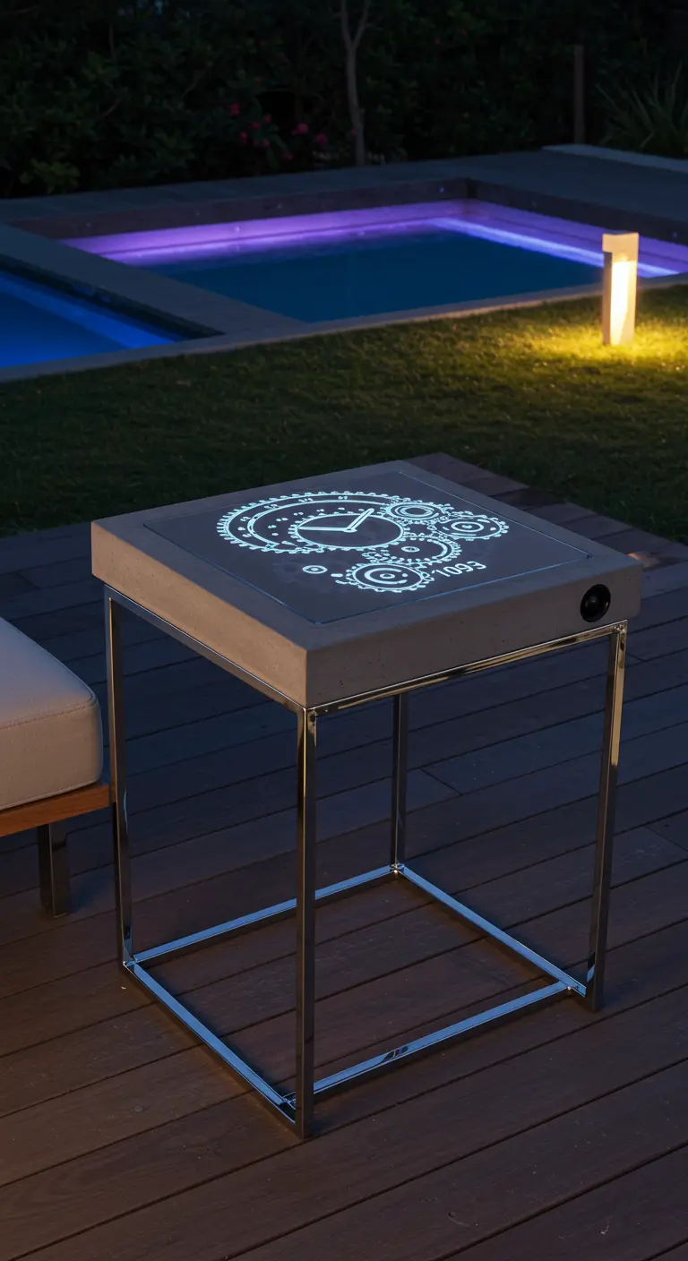 Concrete and chrome side table with a glow-in-the-dark gear and clock design on its surface.
