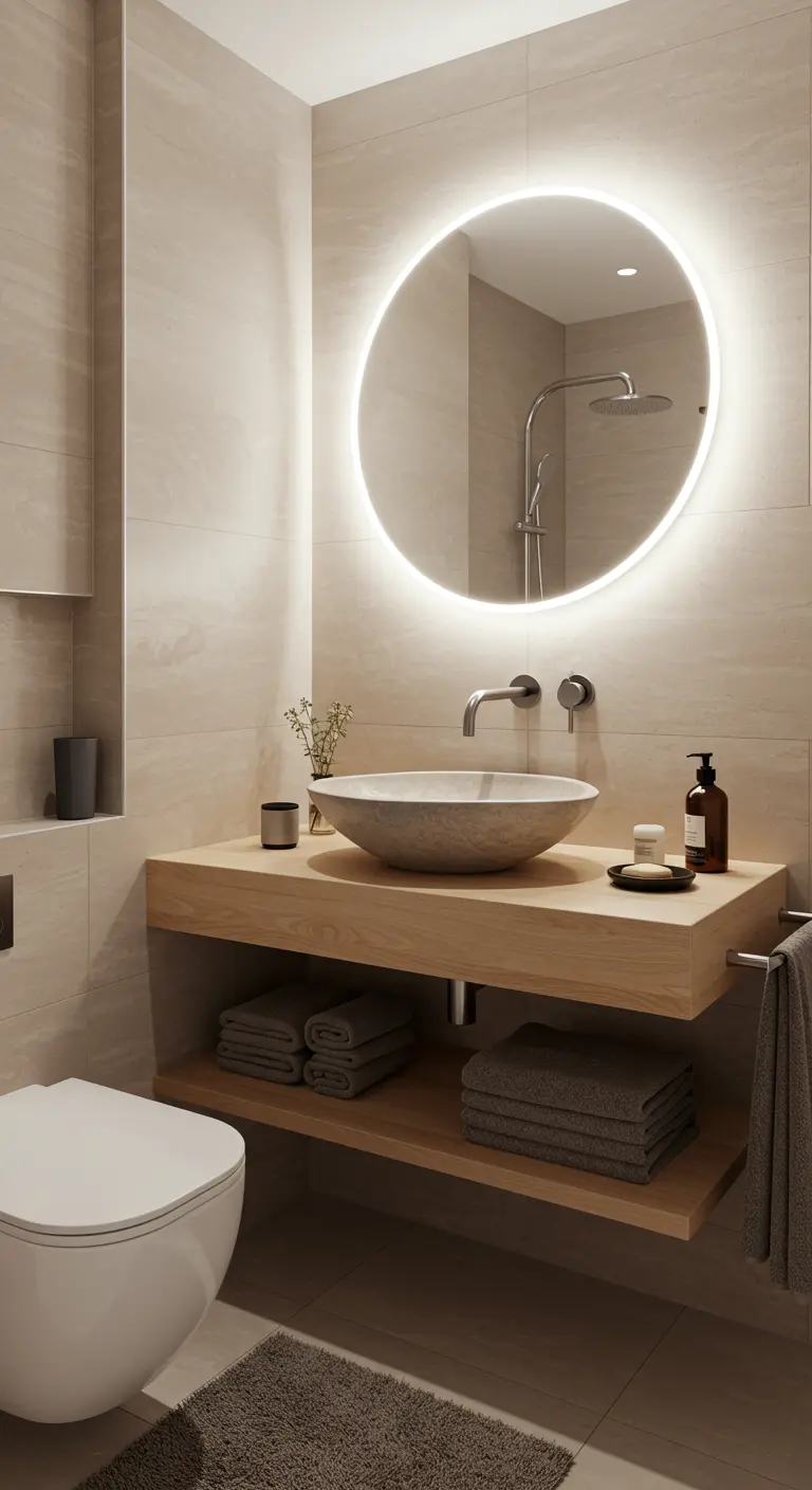 A modern bathroom with a large, round backlit mirror over a floating wood vanity.