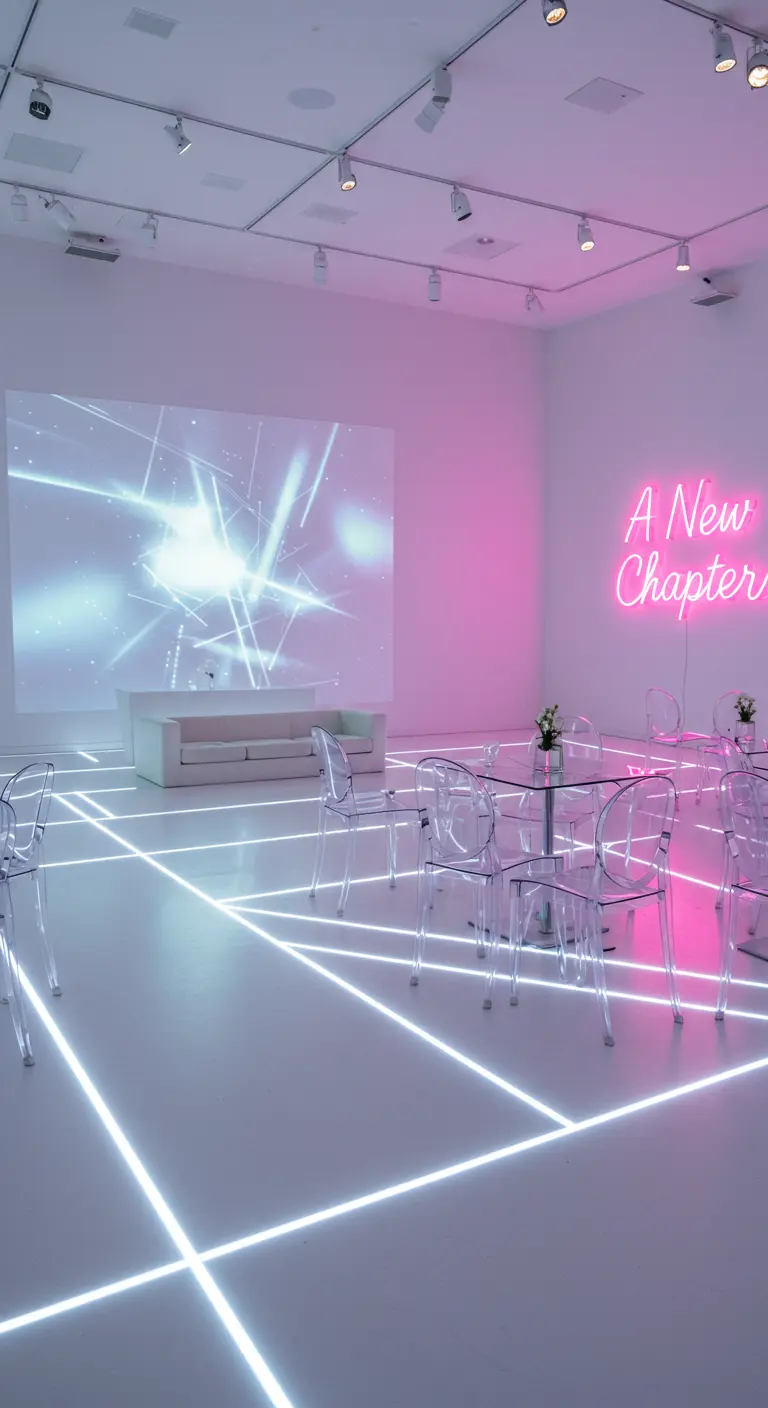 A minimalist white room with a pink neon sign, floor grid lighting, and transparent chairs.