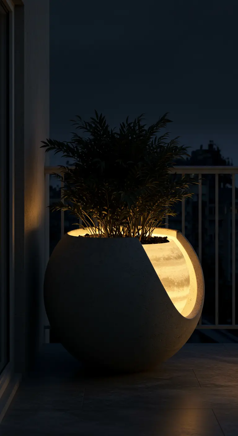 A large, dark spherical planter with an illuminated crescent-shaped cutout holding a plant.