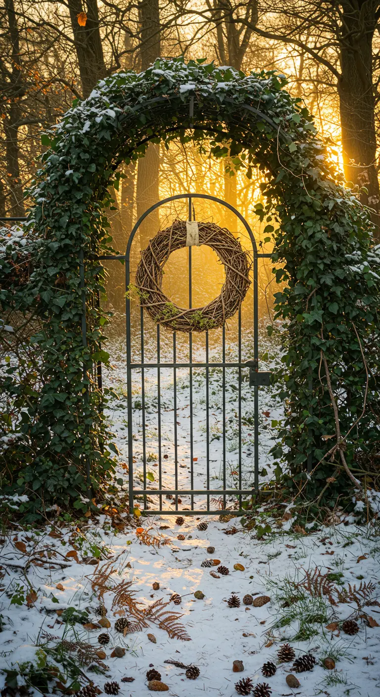 A twig wreath on an iron gate under a snowy, ivy-covered arch, bathed in golden sunlight.