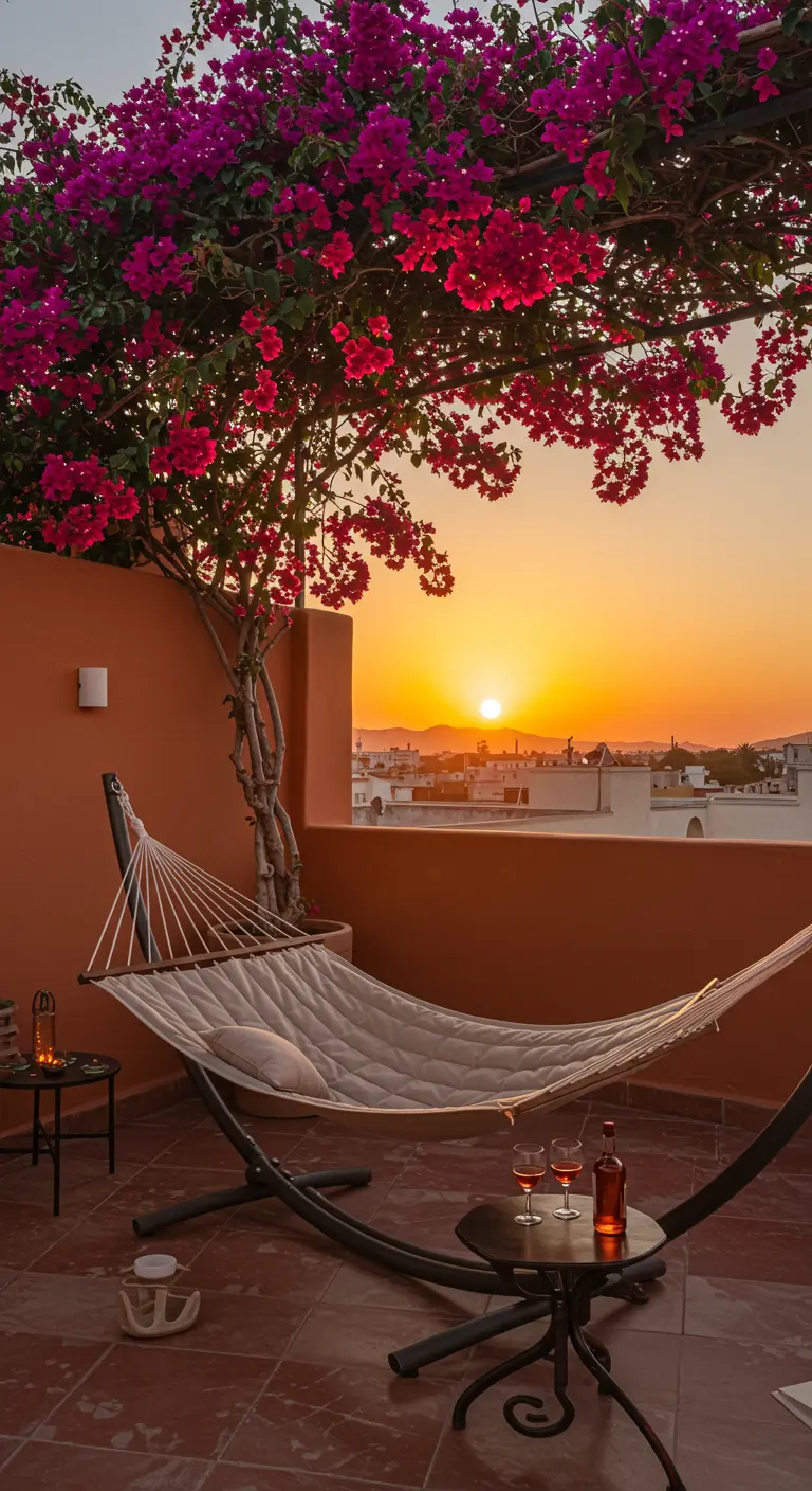 A freestanding hammock on a rooftop terrace at sunset, with a table holding wine.