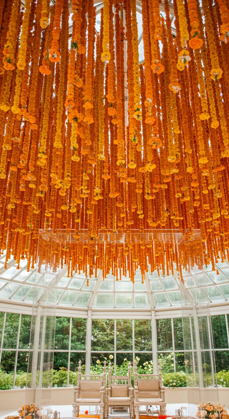 A stunning installation of marigold strings hanging from the ceiling of a glass conservatory.