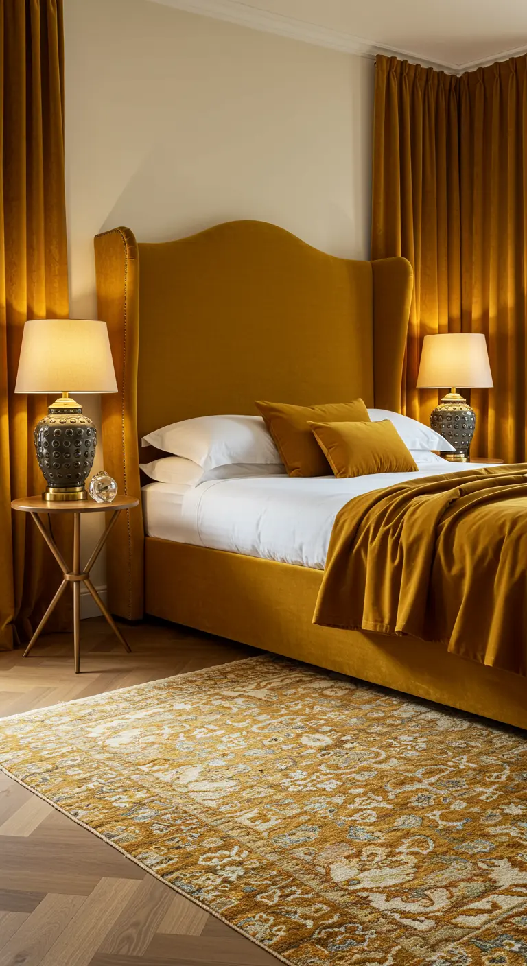 Bedroom with a mustard yellow winged velvet bed, matching curtains, and a golden-hued rug.