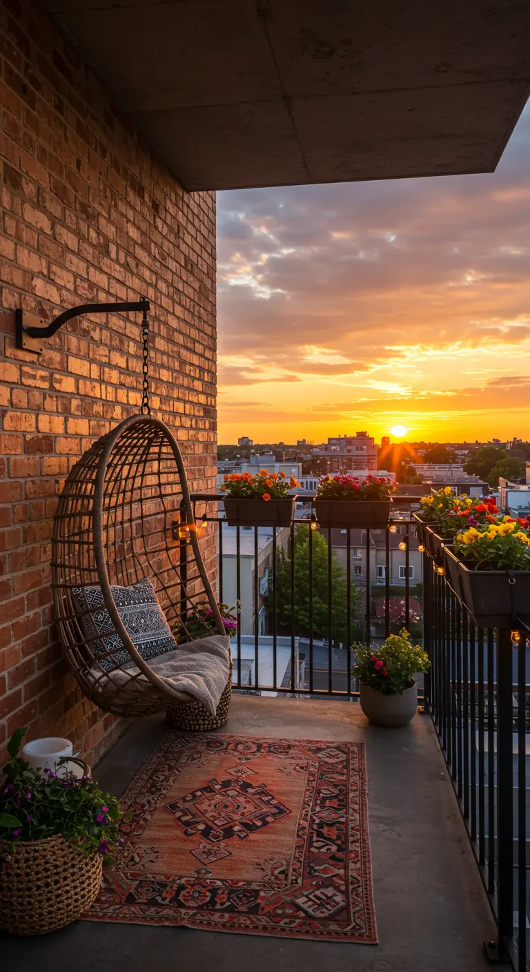 A hanging chair on a balcony at sunset, with flowers in railing planters.