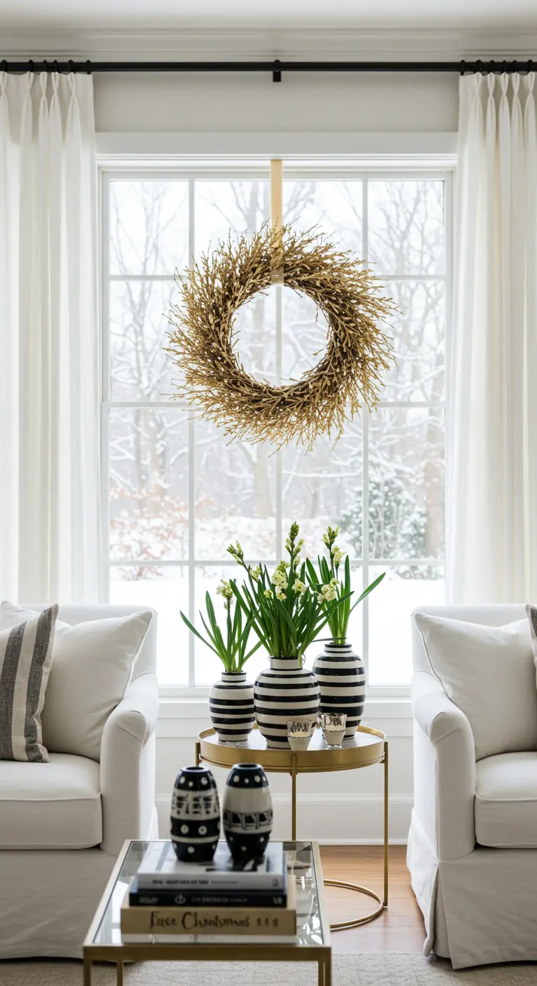 A simple gold wreath hanging in a large window with a snowy view.