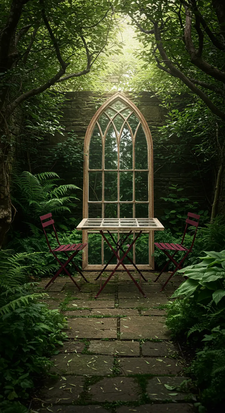 A tall, arched gothic window frame creates a focal point in a lush, green garden nook.