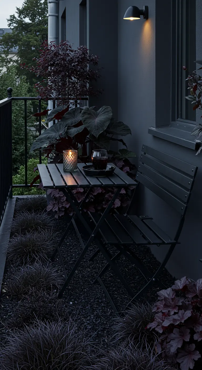 A moody, dark balcony with black furniture, black gravel, and dark purple foliage.