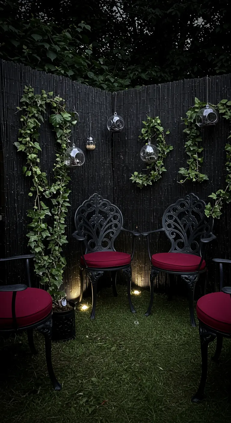A dark garden corner with a black bamboo screen, black iron chairs with red cushions, and ivy.