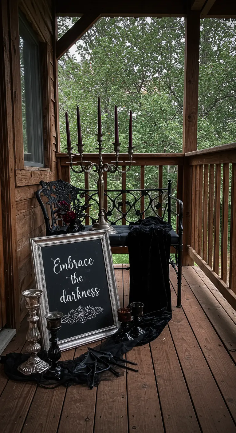 A moody, gothic-themed balcony with a black iron bench, a silver candelabra, and a framed chalkboard.