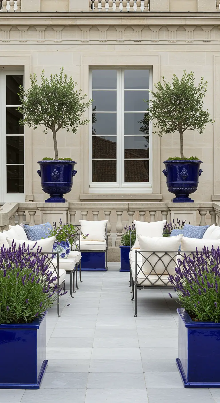 A formal, symmetrical terrace with matching olive trees in ornate blue urns and white furniture.