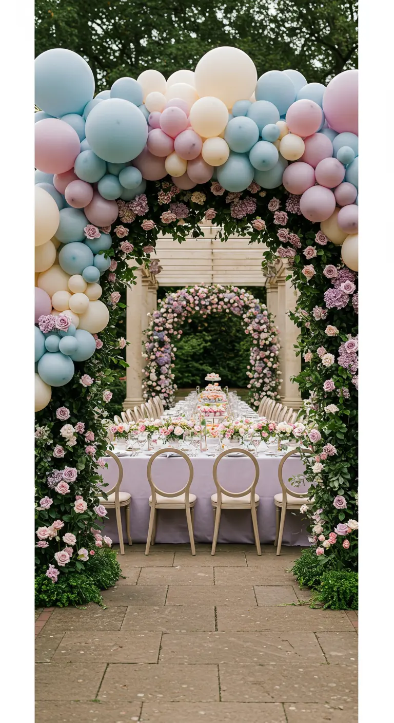 A massive balloon and flower archway creating an entrance to a long dining table.