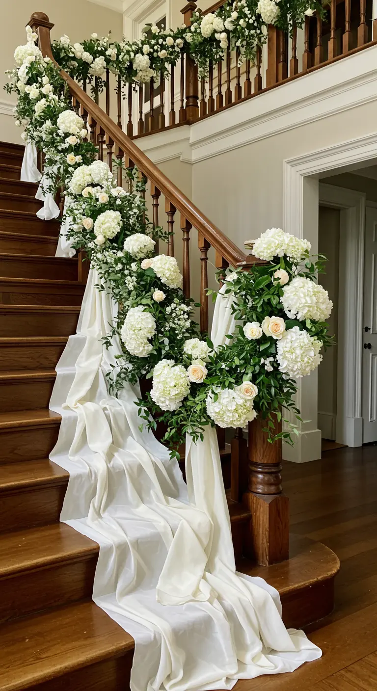 A grand wooden staircase decorated with a cascading garland of white hydrangeas, roses, and fabric.