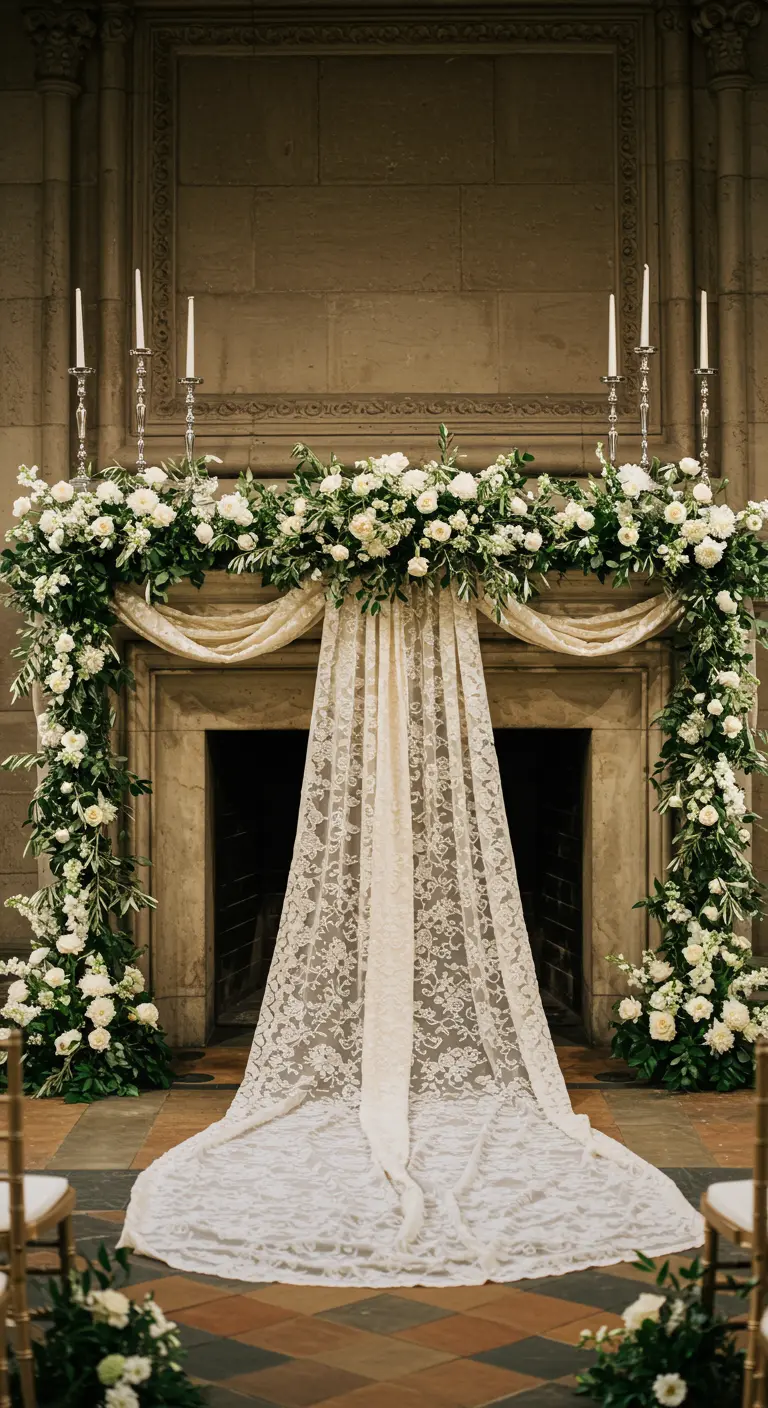 A fireplace completely framed by white flowers, with a long lace drape in the center.