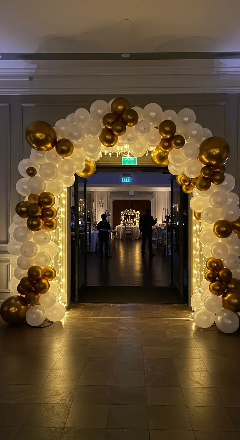 A white and gold balloon arch framing a doorway, illuminated with warm fairy lights.