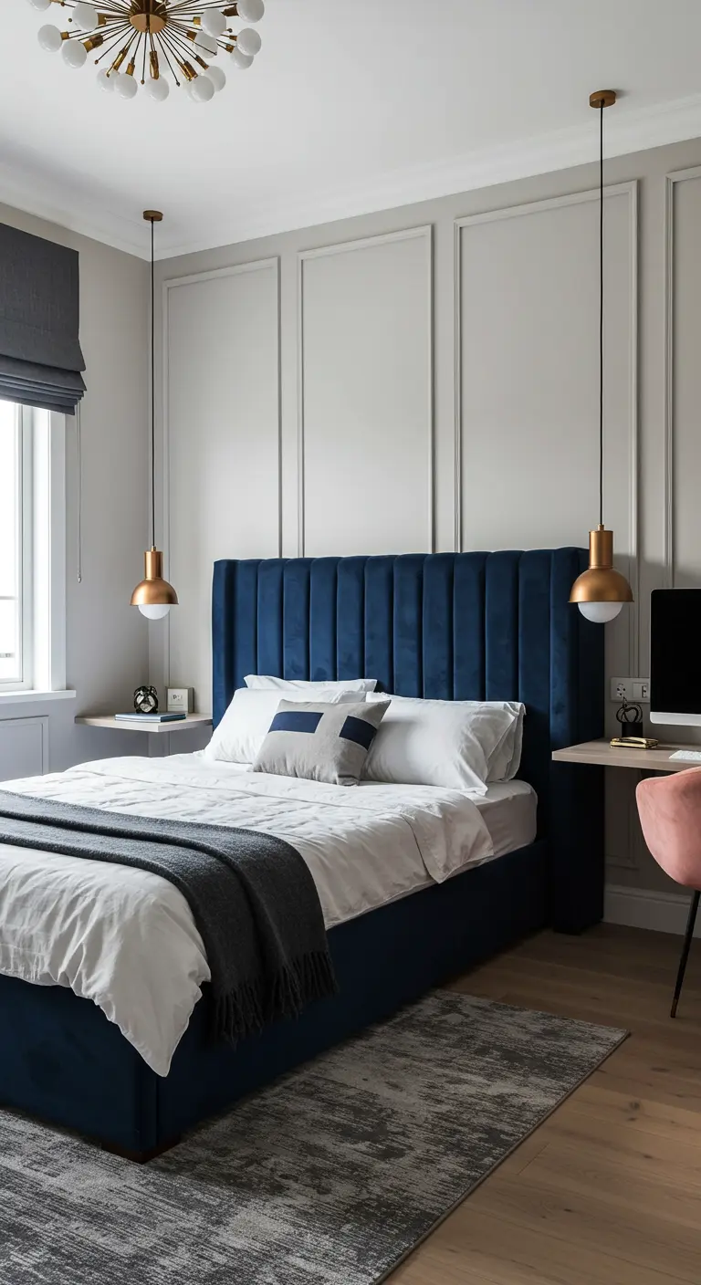 A bedroom area with a tall blue velvet headboard and decorative wall moulding.