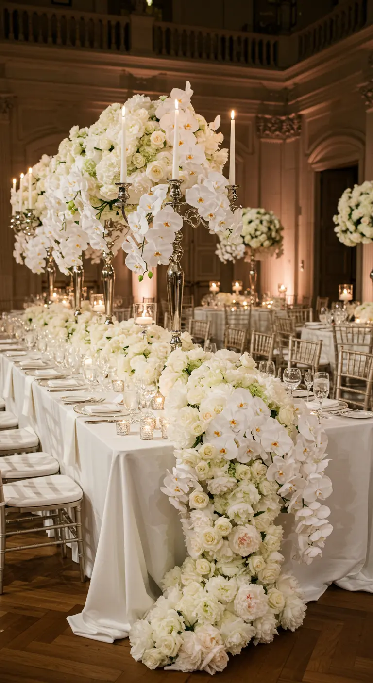 A long white table with a cascading centerpiece of white orchids and roses.
