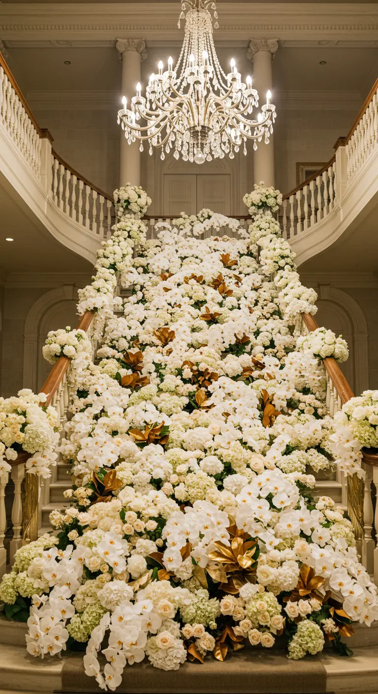 A grand staircase completely covered in a cascade of white flowers and gold leaves.