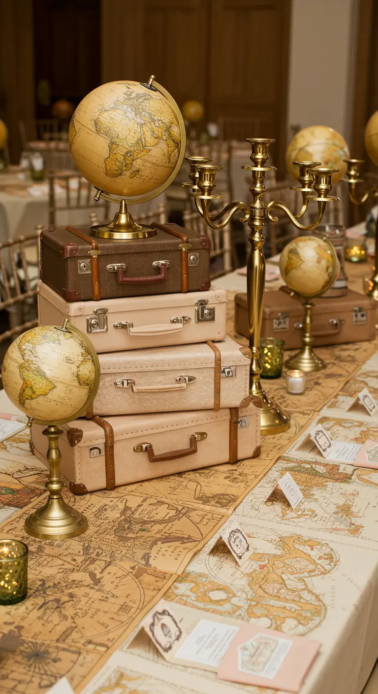 A travel-themed party table decorated with vintage suitcases, globes, and map runners.