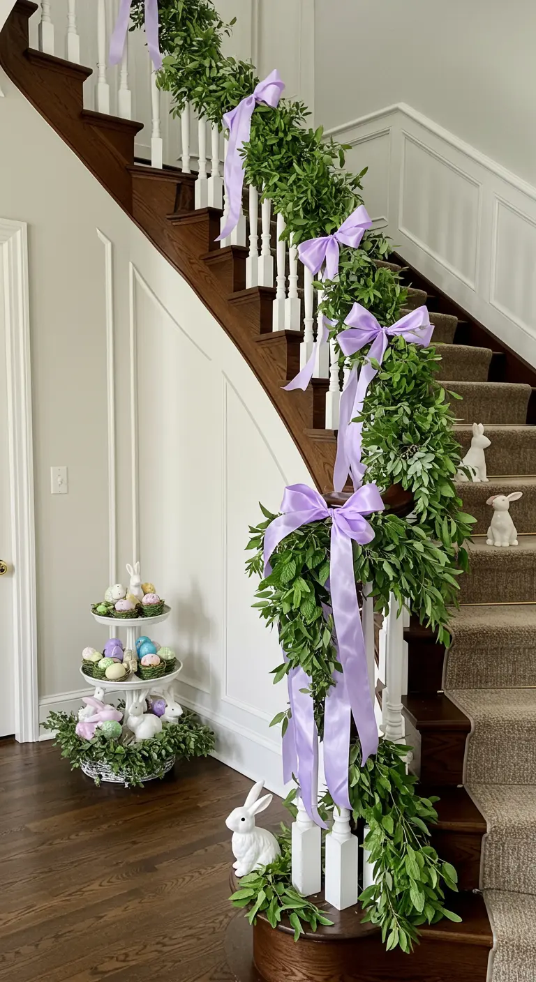 A staircase banister decorated with a green garland and large lavender bows.