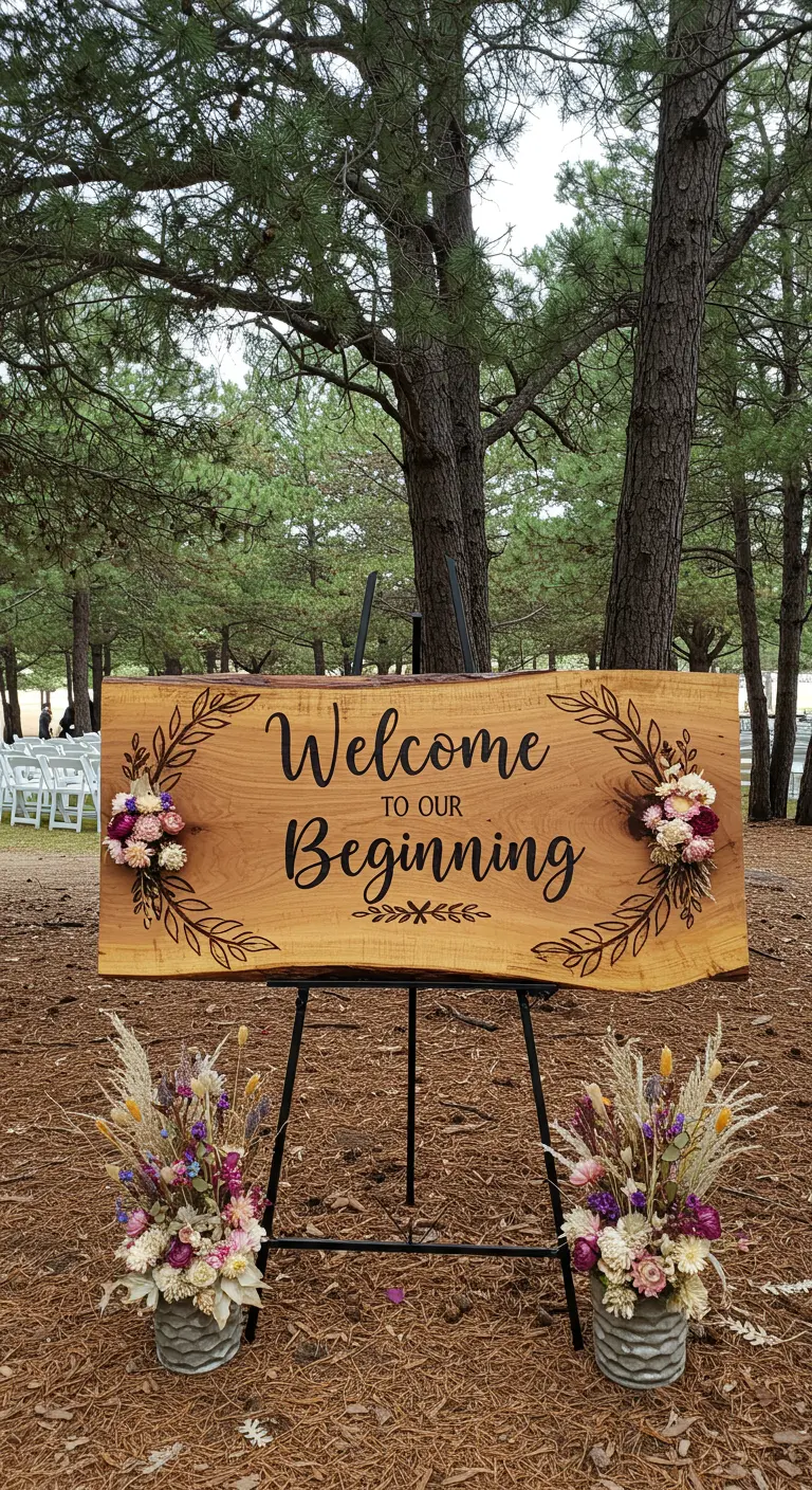 A large live-edge wood welcome sign on an easel, decorated with flowers.